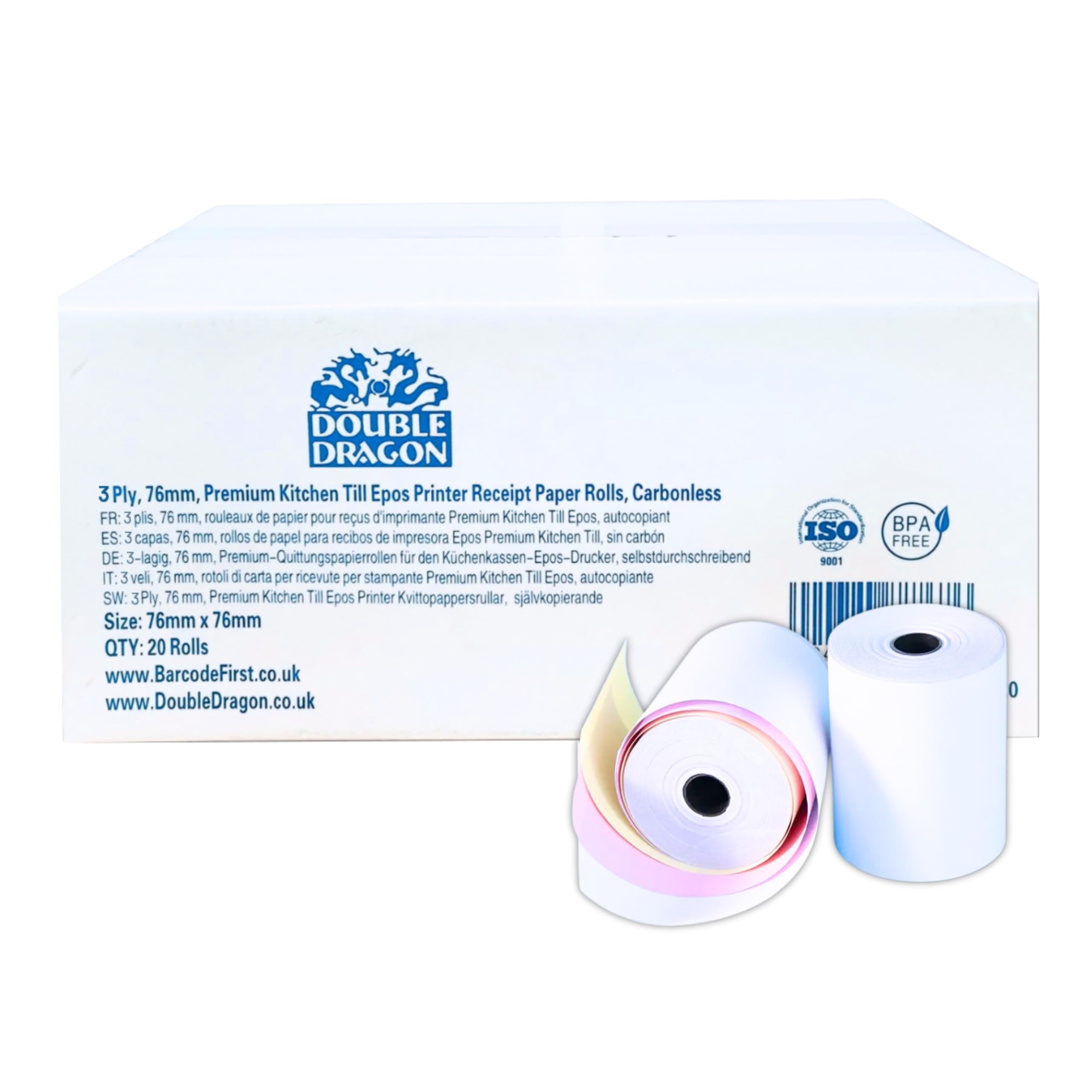 Double Dragon 76 x 76 mm, 3-Ply Carbonless Paper Roll for Kitchen, Printing Calculator, Non-Thermal Till POS Receipt & Dot Matrix Impact Machines | 20 Rolls