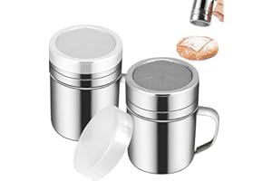 2 Pcs Powdered Sugar Shaker Duster with Handle, Stainless Steel Fine Mesh Shaker Powder Cans with Plastic Lid, Sifter Dredge 