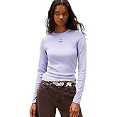 Tommy Jeans Womens Long Sleeve Ribbed Graphic Tee with Embroidered Flag Detail