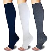 3Pairs Toeless Open Toe 15-20mmHg Compression Socks for Men Women Support Knee High Stockings (White+Gray+Navy, S/M)