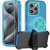 CONWOE Magnetic for iPhone 15 Pro Case,with Belt Clip,[Compatible with Magsafe] W/Tempered Glass Screen Protector,Anti-Drop,Shockproof,Heavy Duty Protection (Lake Blue)