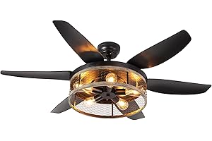 Ohniyou Farmhouse Ceiling Fan with Lights and Remote,52 inch Rustic Ceiling Fan with Caged Light Fixture, Retro Black Outdoor