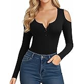 HERLOLLYCHIPS Womens Long Sleeve Tops Cold Shoulder Scoop Neck Zipper Front Fitted Shirts