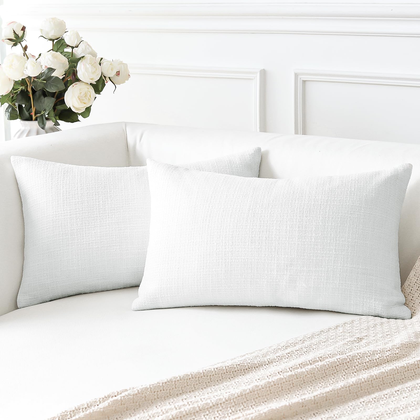 View 1 of *** ONLY 1***   OTOSTAR Linen Throw Pillow Covers Set of 2 Decorative Square Pillowcases Cushion Covers 12x20 Inch for Home Decor Sofa Bedroom Car 30 x 50 CM Pure White