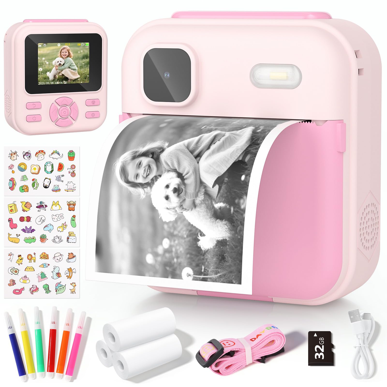 YOHOOLYO Kids Camera Instant Print, with 32GB Card & 3 Rolls Paper, 2.4'' Digital Instant Camera for Kids Age 4-10, 1080P HD Video, USB-C Rechargeable, Birthday, Pink