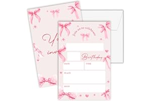 Cazhes Birthday Invitations Girl, 20 Double-Sided Pink Bow Birthday Invites with Envelopes, Girls Bowknot Bday Party Decorations Supplies Favors - B06