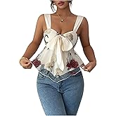 SHENHE Women's Dressy Peplum Tank Floral Embroidered Sweetheart Neck Tie Bow Ruffle Smocked Top