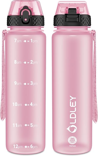 OLDLEY 1L Water Bottle with Straw Time Markings Leak Proof BPA Free