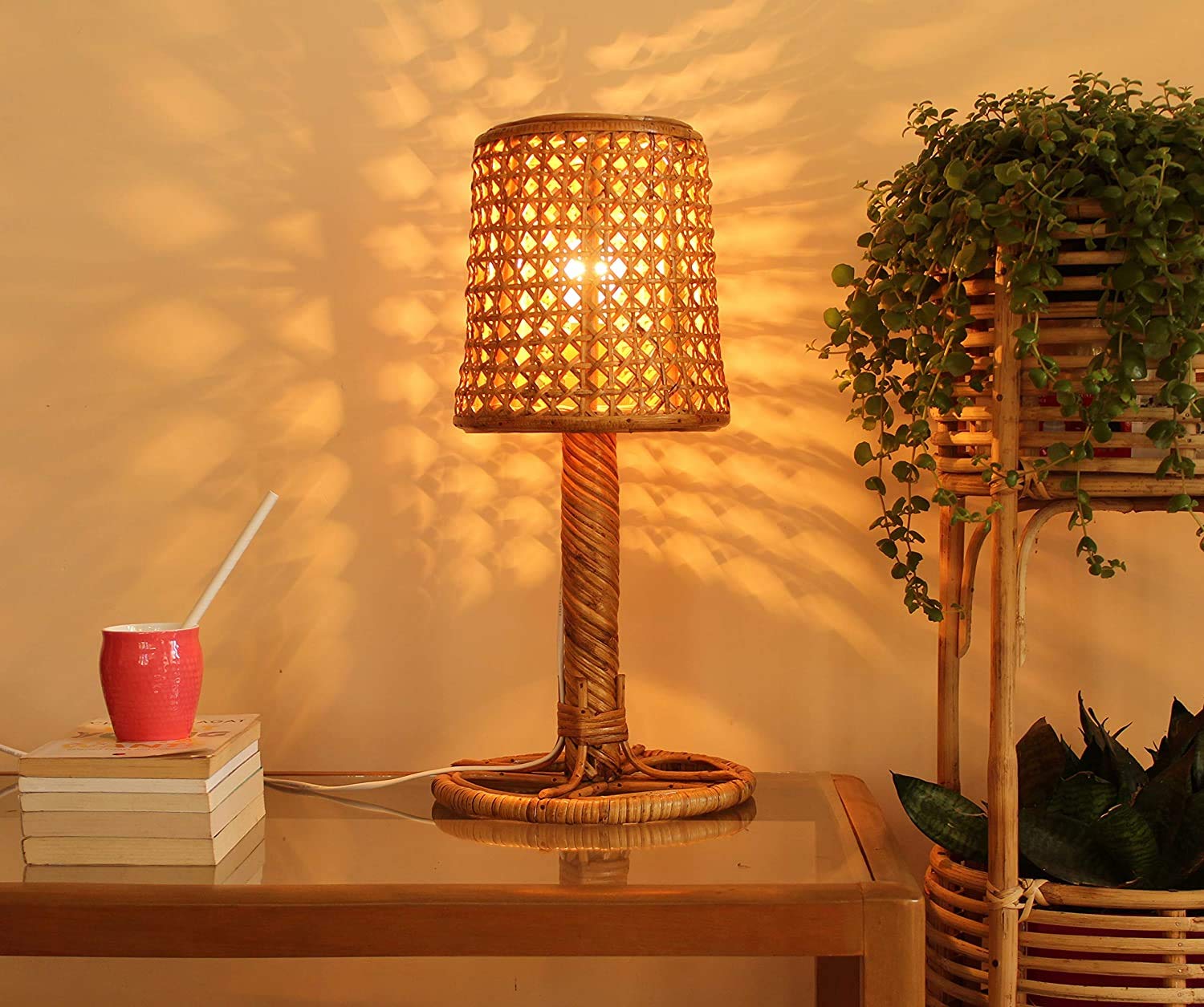 Buy Zilver Handmade Cane Table Lamp with Shade Varnish Color Online at