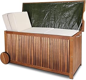 Deuba Baúl de madera con funda interior de protección agarraderos y ruedas de goma almacenaje de exterior jardín terraza 
