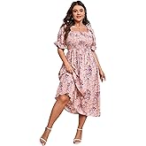 KOJOOIN Womens Puff Sleeve Summer Floral Dress Plus Size Smocked Ruffle Square Neck Casual Dress Cute Midi Dress