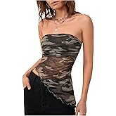 SHENHE Women's Strapless Camouflage Print Asymmetrical Lettuce Trim Y2k Cami Tube Top