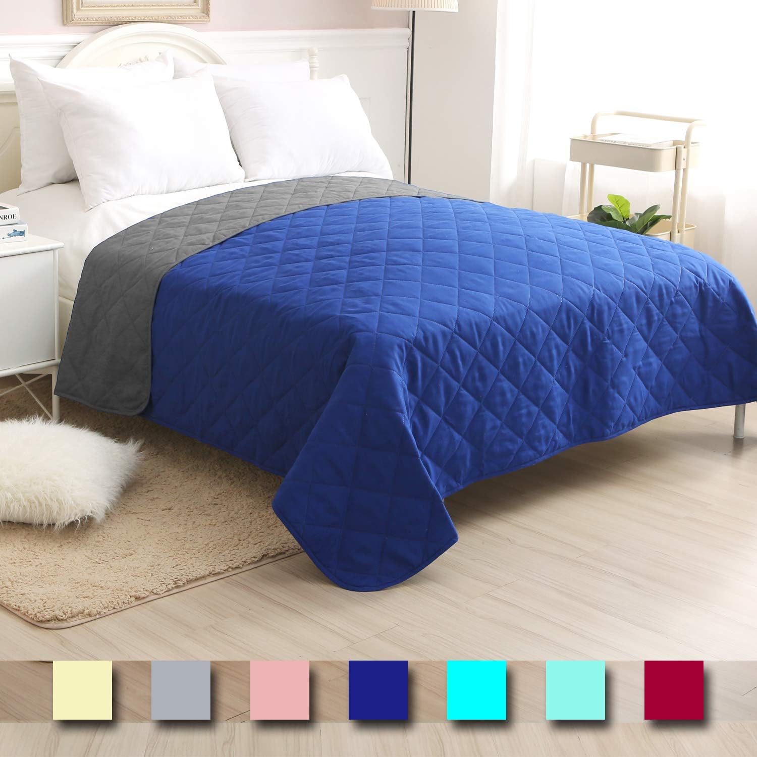 CottonTex Reversible Bedspread Solid Blue/Grey,Full/Queen Size 86x86 Inches Diamond Pattern Lightweight Hypoallergenic Microfiber Bed Coverlet Alternative Quilt