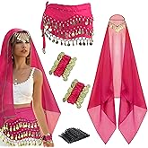 4 Pcs Belly Dance Outfit Sets Belly Dance Chiffon Hip Scarf, Head Scarf with Gold Coins 2 Coin Wrist Bracelet 50 Bobby Pins