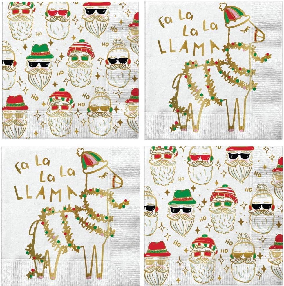 Llama Christmas Cocktail Napkins Hipster Santa Assorted Variety Pack Beverage paper napkins assorted 40 count Set