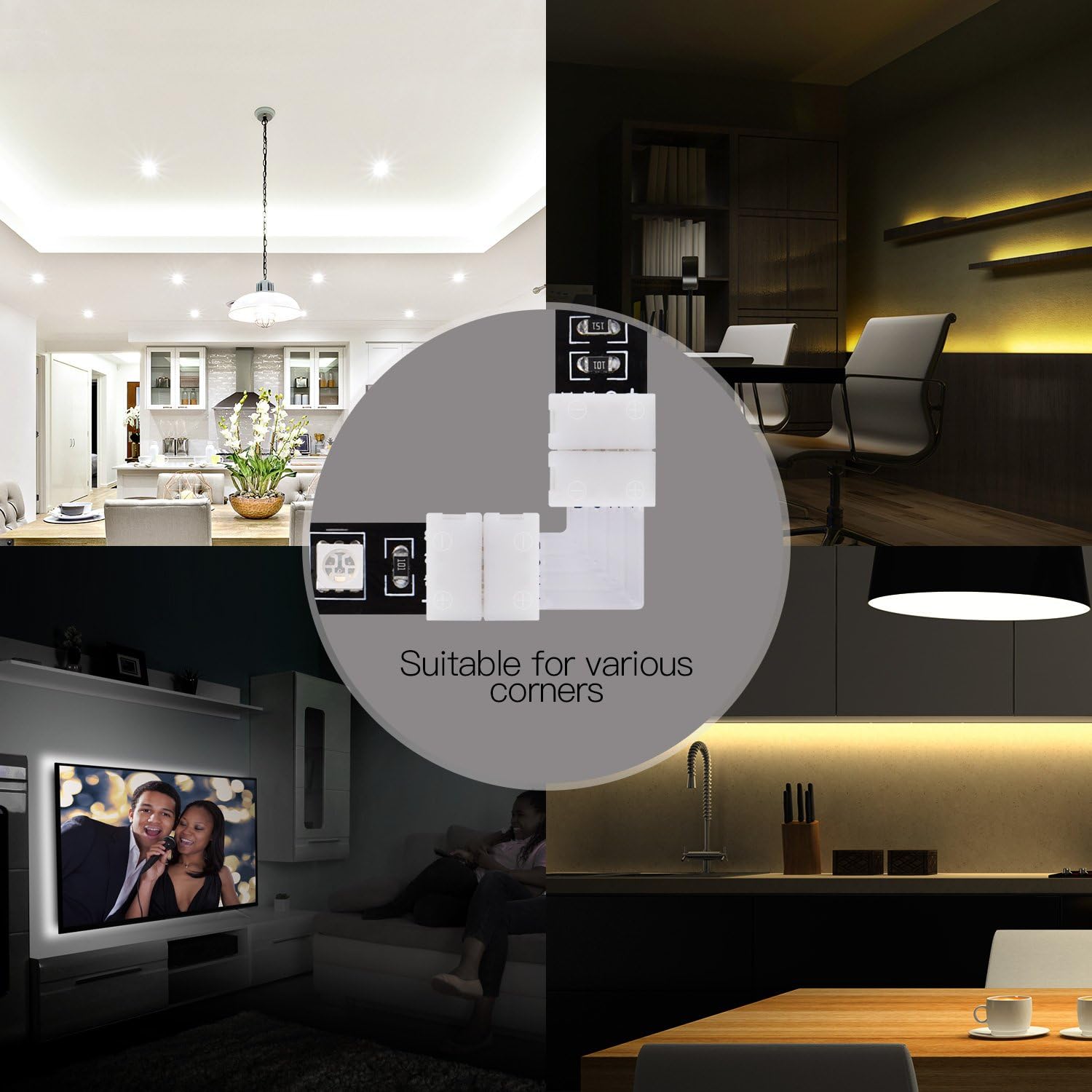 L Shape 4 Pins Connector 10-Pack JACKYLED 10mm Right Angle Corner Solderless Connector 12V 72W Clip for 3528/5050 SMD RGB Fireproof Material 4 Conductor LED Strip Lights Strip to Strip (22Pcs Clips) - - 