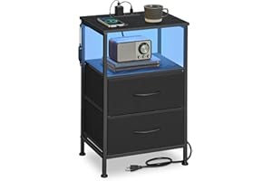 SONGMICS BELLAH Collection - Nightstand with Charging Station and App-Controlled Adjustable LED Lights, Bed Side Table, 2 Dra