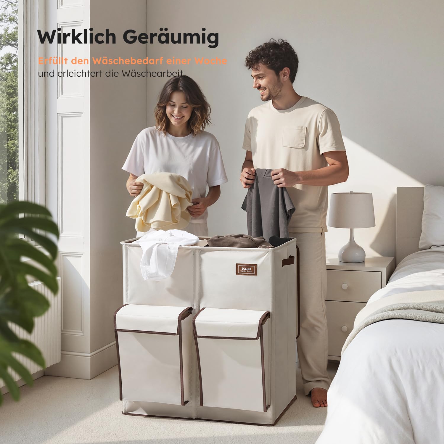 SOLEDI 180L Wäschekorb mit Deckel, Wäschesammler 2 Fächer mit 2 Seitentaschen, Laundr Baskets mit 2 Wäschesack, Wäschesortierer Groß XXXL für Badezimmer, Schlafzimmer, Waschküche 3