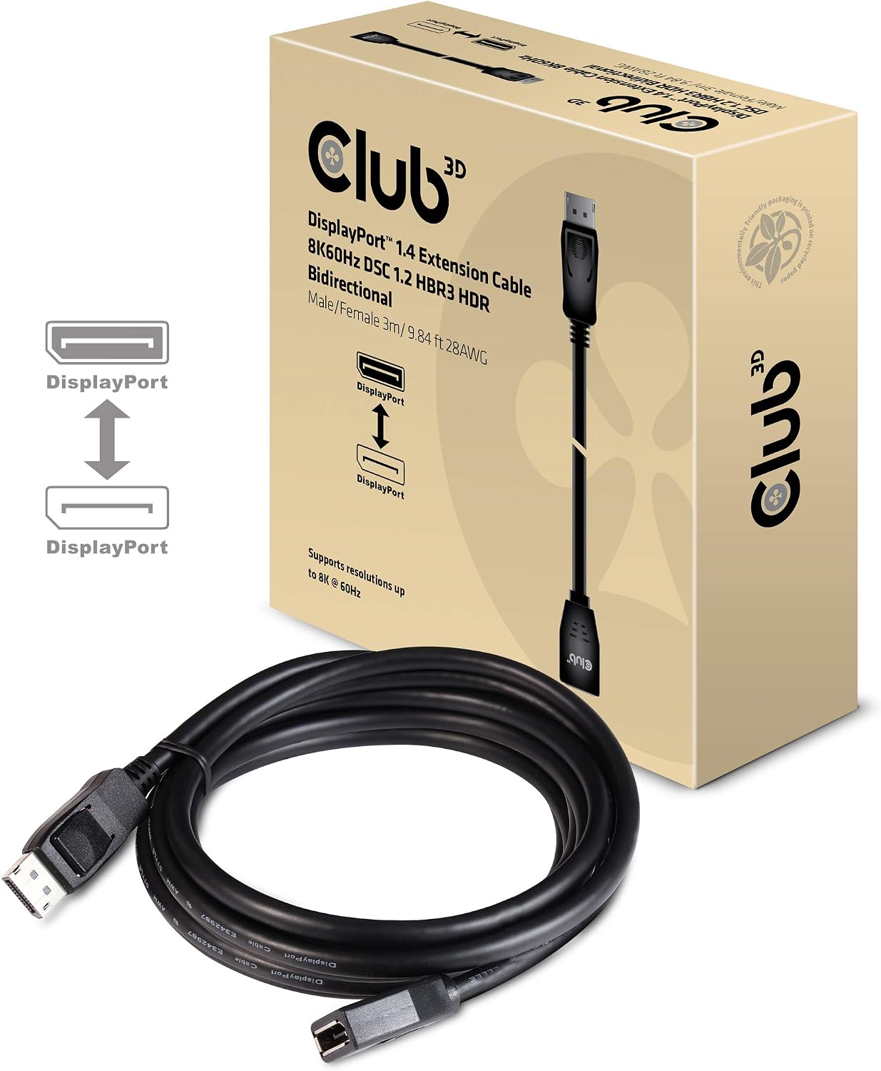 Club 3D DisplayPort 1.4 Extension Cable 8K60Hz DSC1.2 HBR3 HDR Bidirectional Male/Female 3 m, black, 3.00 m