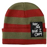Nightmare On Elm Street Ready Or Not Here I Come Woven Label Striped Cuffed Beanie Green