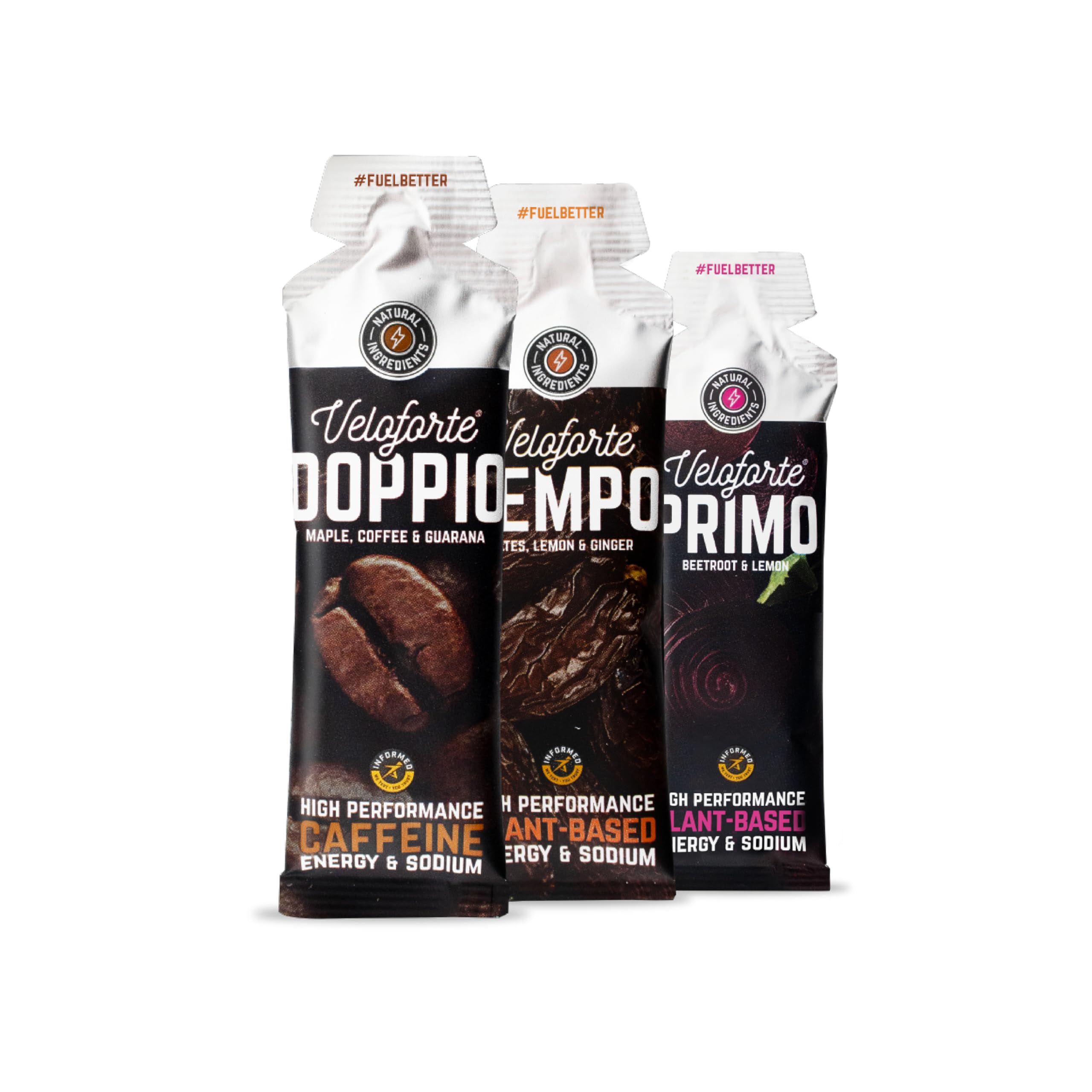 Veloforte Natural Energy Gels 15 Pack (Assorted Flavours) of 22g Dual Carb Fast Release Energy with Electrolytes, Vegan Friendly & Gluten Free, For Running, Marathons, Cycling and Triathlon