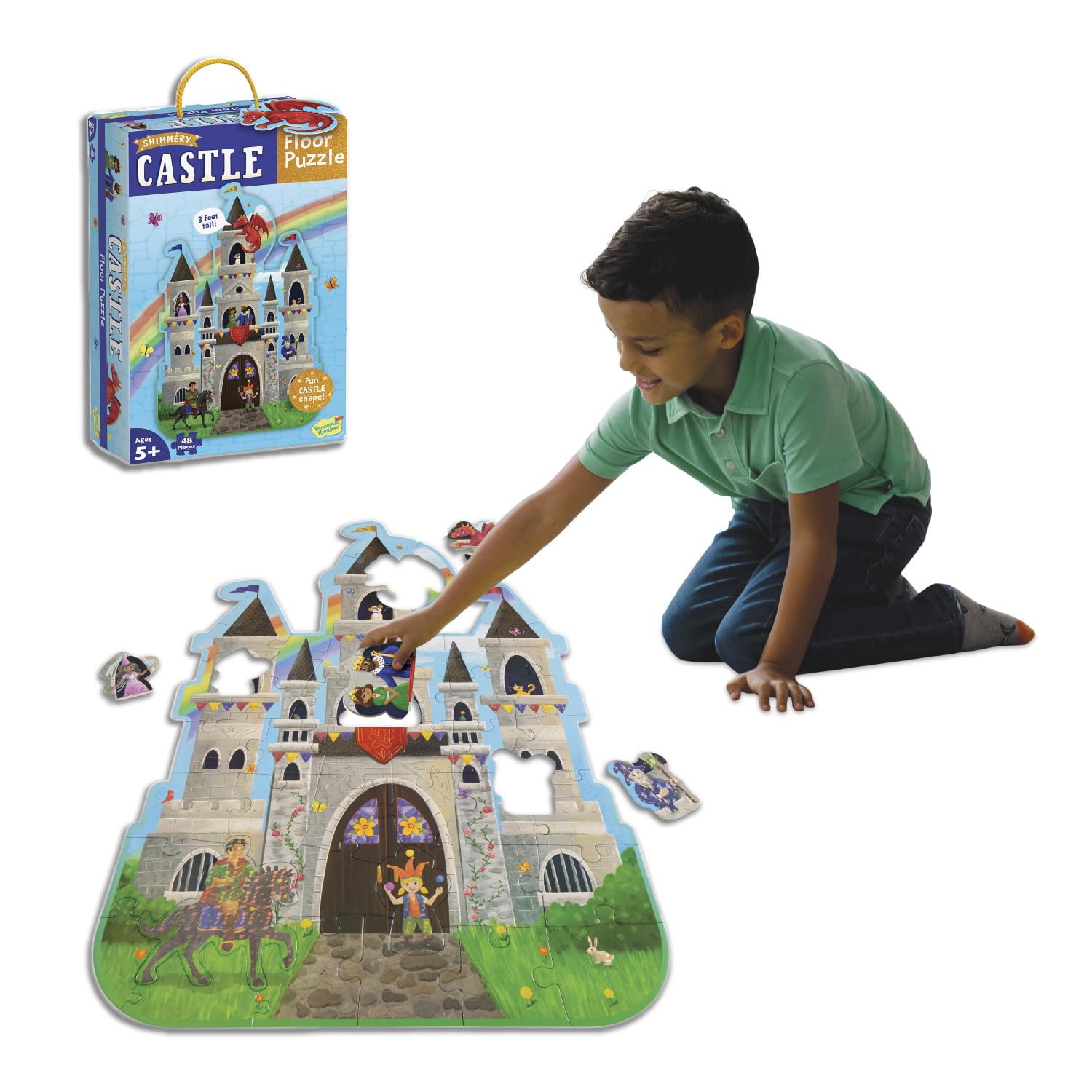 Peaceable Kingdom Shimmery Castle Floor Puzzle – Giant Floor Puzzle for Kids Ages 5 & up – Fun-Shaped Puzzle Pieces – Great for Classrooms (PZ36)