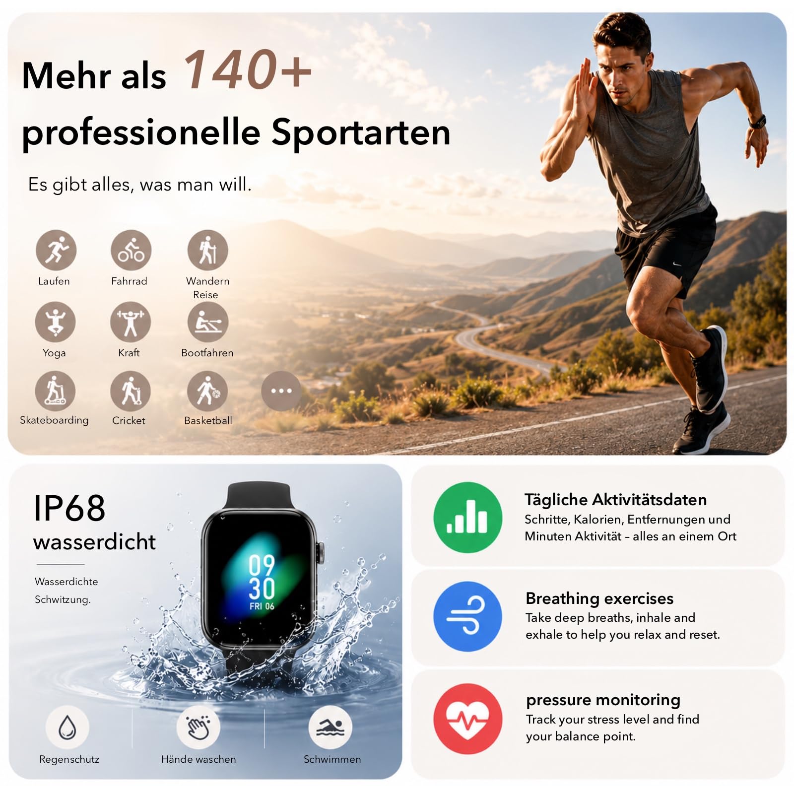 Smartwatch Damen Herren, 1,85" HD Touch Fitnessuhr mit Telefonfunktion, 140+Sportmodi Smart Watch Fitness Tracker mit Pulsmesser Schlafmonitor Schrittzähler, IP68 Wasserdicht Sportuhr für iOS Black 6