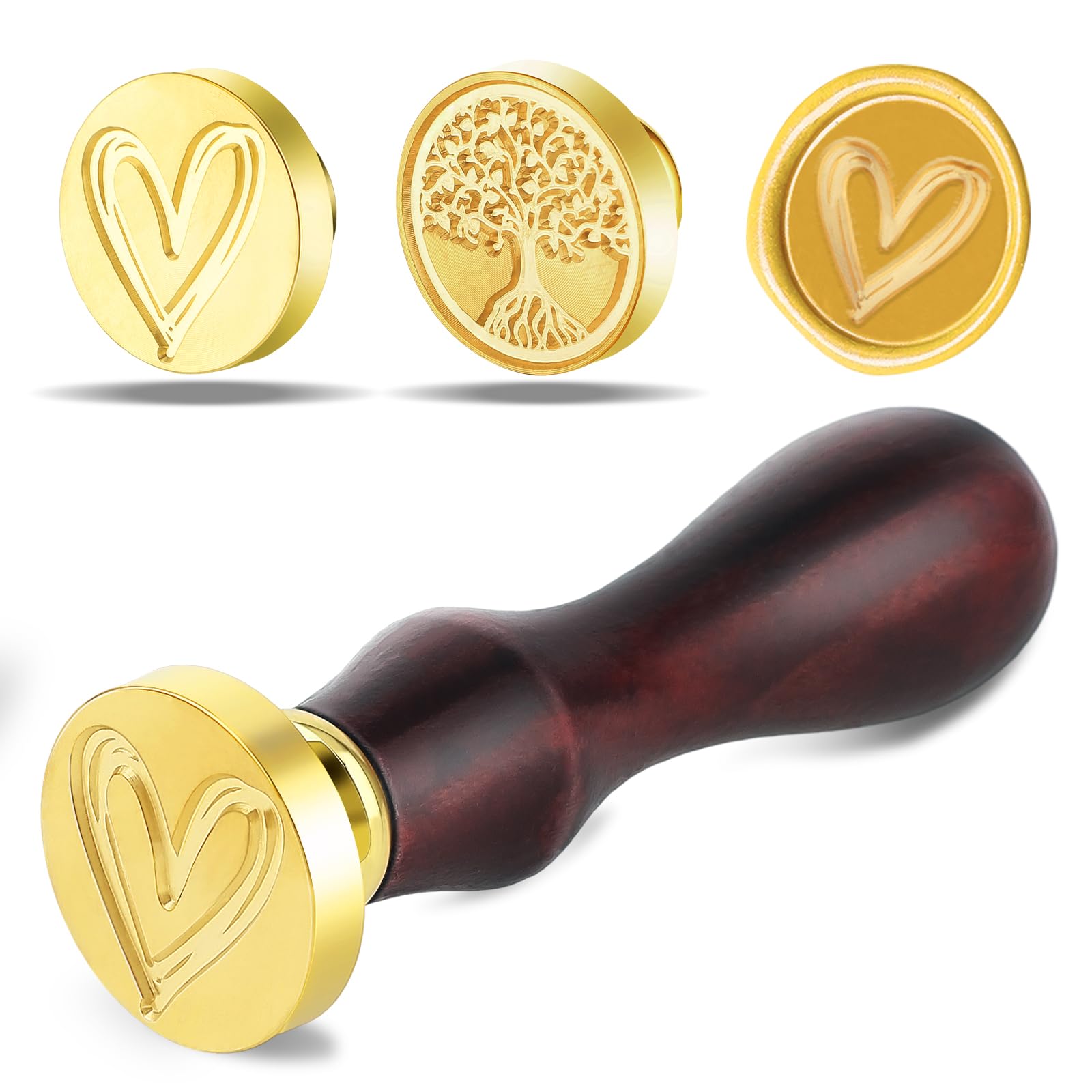 Amabro Wax Seal Stamp, 2PCS Vintage Removable Brass Head 1PCS Retro Rosewood Handle Sealing Wax Stamp for Wedding Party Invitation Gift Wrap Envelope Christmas Thanksgiving Card(Heart, Tree)