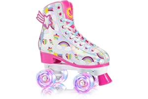 SULIFEEL Rainbow Unicorn Roller Skates for Girls Light up Wheels Kids Quad Skates with High Top Reflective TPU Leather Rainbow Unicorn
