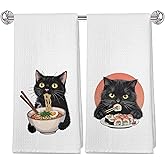 OFJE Funny Black Cat Kitchen Towels Set of 2, Cat Lovers Mom Lady Gifts Dish Tea Towels for Kitchen, Vintage Japanese Noodles Sushi Black Cats Decorative Hand Towels, 16x24 Inches