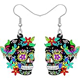 NEWEI Cute Halloween Sugar Skull Earrings Dangle Acrylic Day of the Dead Decor Gifts for Women Festival Charms