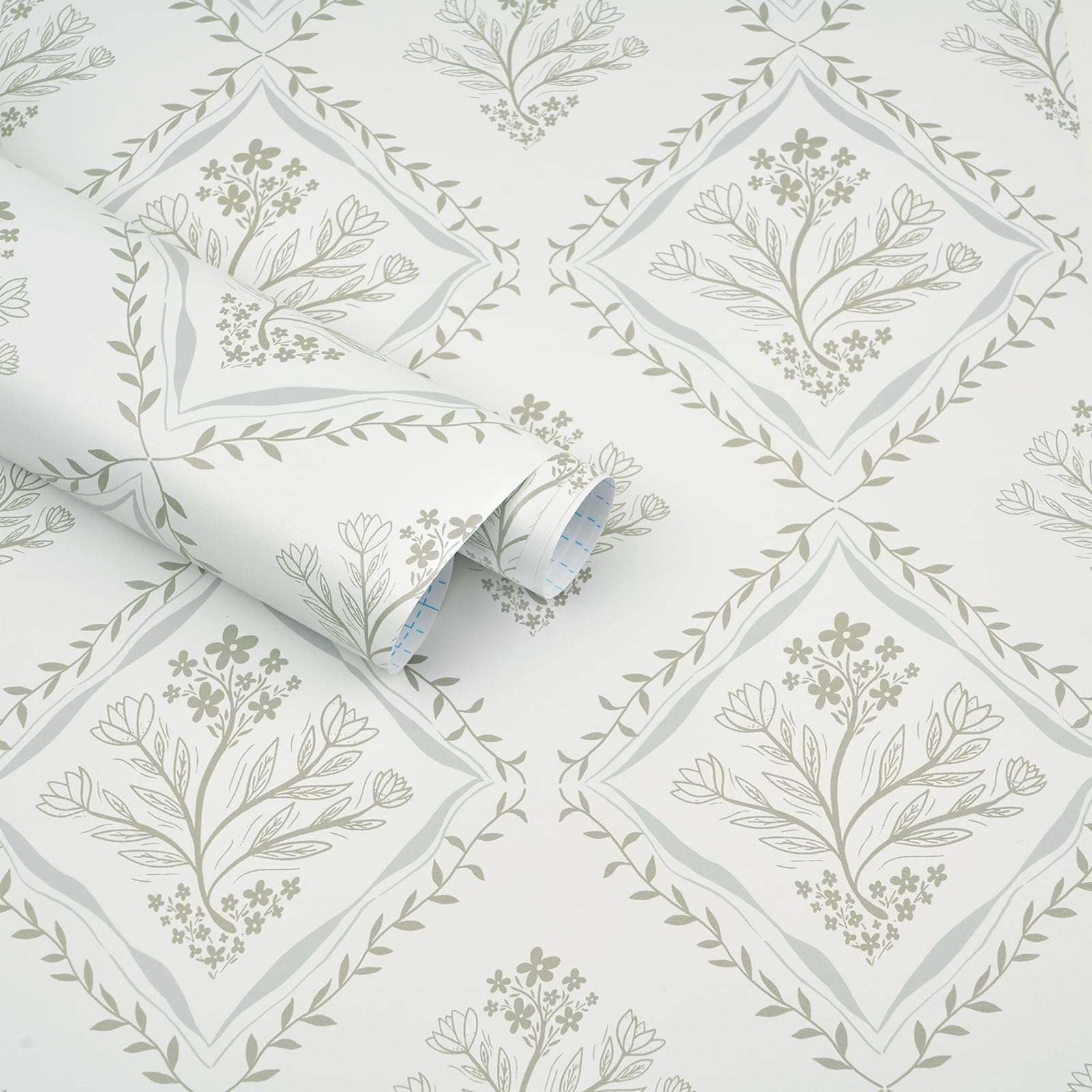 Photo 1 of Kitico Peel and Stick Retro Bohemian Wallpaper Light Green and Beige Contact Paper Flower Detachable Waterproof Wallpaper Bathroom/Bedroom Cabinets Self Adhesive Vinyl 17.3"x393.7"