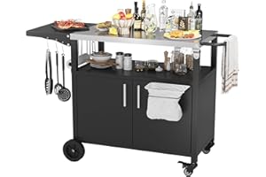 Vongrasig Grill Cart with Storage, Outdoor Bar Cart Rolling BBQ Movable Pizza Oven Table Stand with Foldable Stainless Steel Top & Storage Cabinet, Black