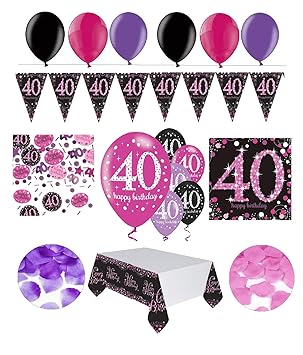 Feste Feiern Geburtstagsdeko 40. Geburtstag | 31 Teile Deko-Set Luftballon Wimpel Girlande Konfetti Serviette Tischdecke Pink