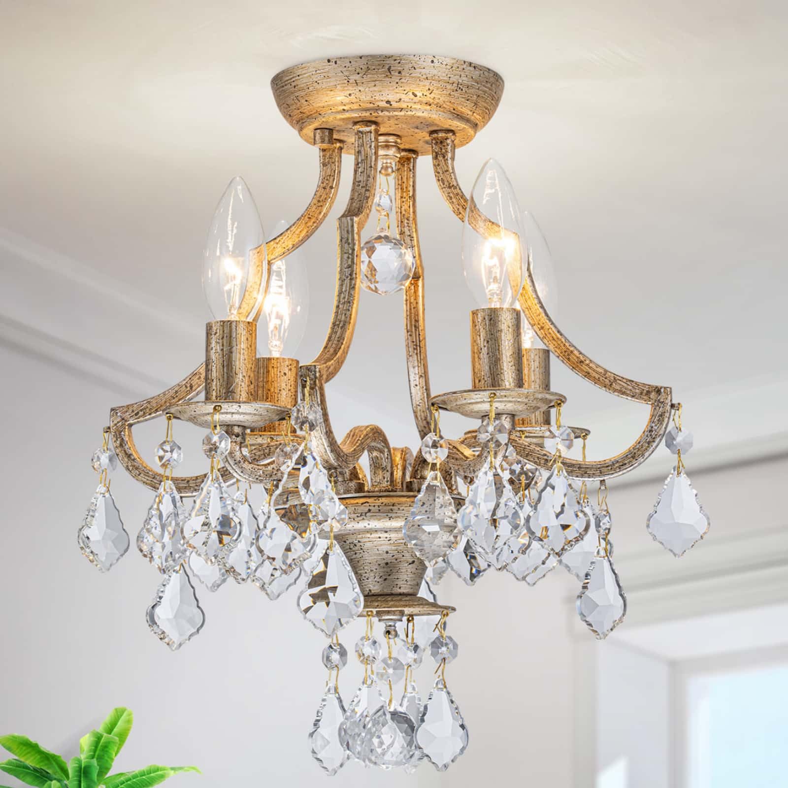 Photo 1 of **It is used, it is missing a part and it is not known if it works 100%**LumFurn 4-Lights Antique K9 Crystal Ceiling Light for Living Room, Foyer, Bedroom, Close to Ceiling Flushmount Light Fixture, Rusty Bronze Finish Frame & Clear Crystal Pendant