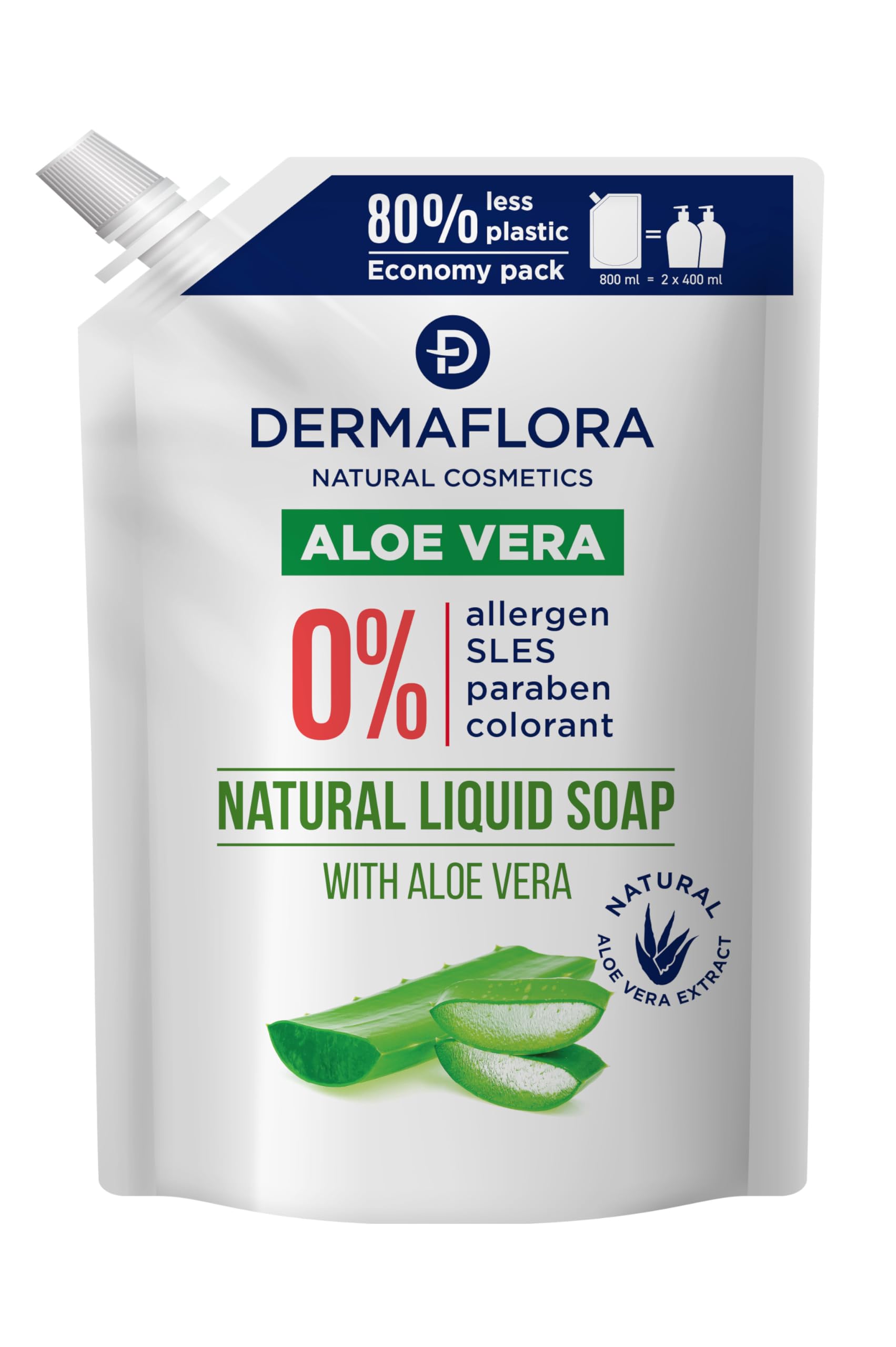 Dermaflora Aloe Vera Liquid Hand Soap Refill – 800ml | Moisturizing Hand Wash Refill with Natural Aloe Extract | Gentle, Vegan & pH-Balanced Handwash Liquid Soap for Sensitive Skin