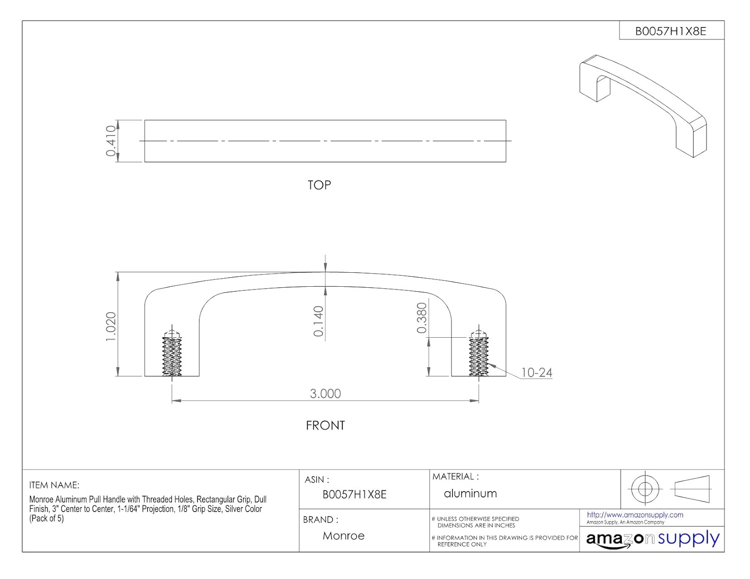 11/64 Projection Monroe Aluminum Pull Handle with Threaded Holes 1/8