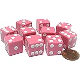 Koplow Games Set of 10 Six Sided Square Opaque 16mm D6 Dice - Pink with White Pip Die
