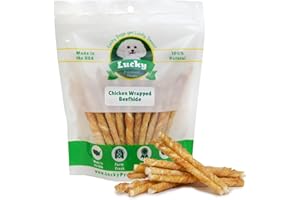 LUCKY PREMIUM TREATS Chicken Wrapped Rawhide Dog Treats – 20ct. Rawhide Chew Sticks – Long Lasting Chews for Small Dogs Made in The USA with Natural Chicken and Beef Hide