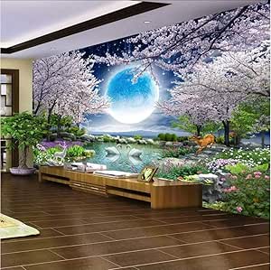 Mural Mural Personalizado Papel De Pared Luna Flor De Cerezo Árbol
