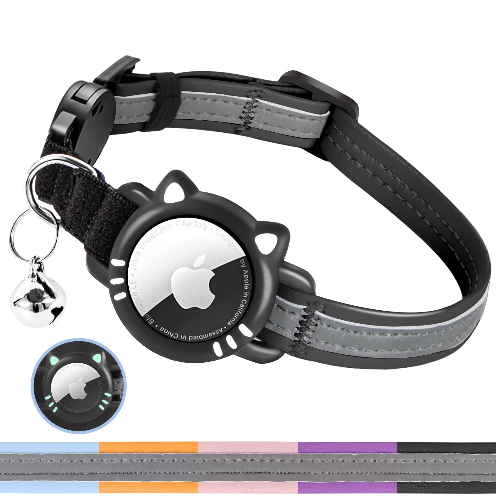 Ytanest Luminous AirTag Cat Collar,Reflective and Breakaway Cat Collar with Apple Air Tag Holder, GPS Tracker Collars with Safety Elastic Band for Cats, Kittens and Puppies, Black, XS(7-9 Inch)