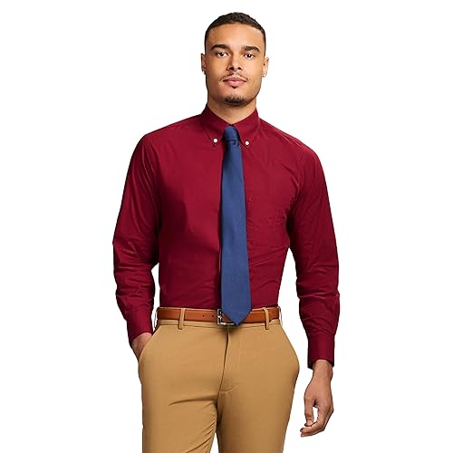 IZOD Men's Dress Shirt Regular Fit Long Sleeve Wrinkle Free Stretch Button Down Collar, Biking Red Check
