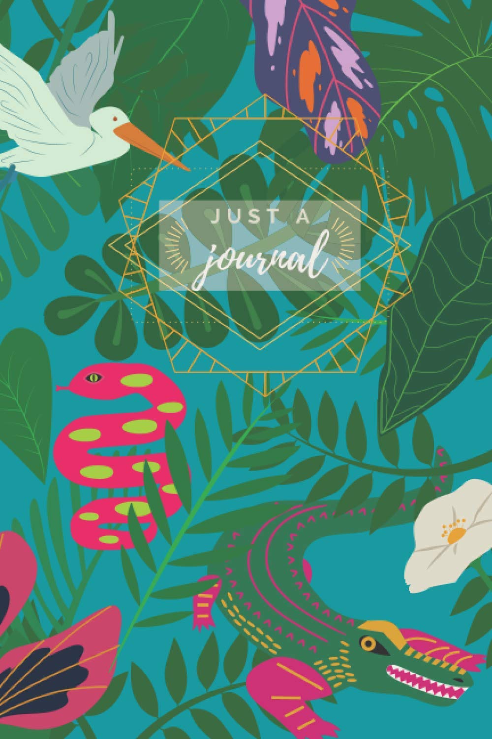 "Just A Journal" Rainforest Bright Animals Hardcover Notebook, 6 inch x 9 inch, 100 pages, Lined Journal, Monstera Leaves, Abstract Animals