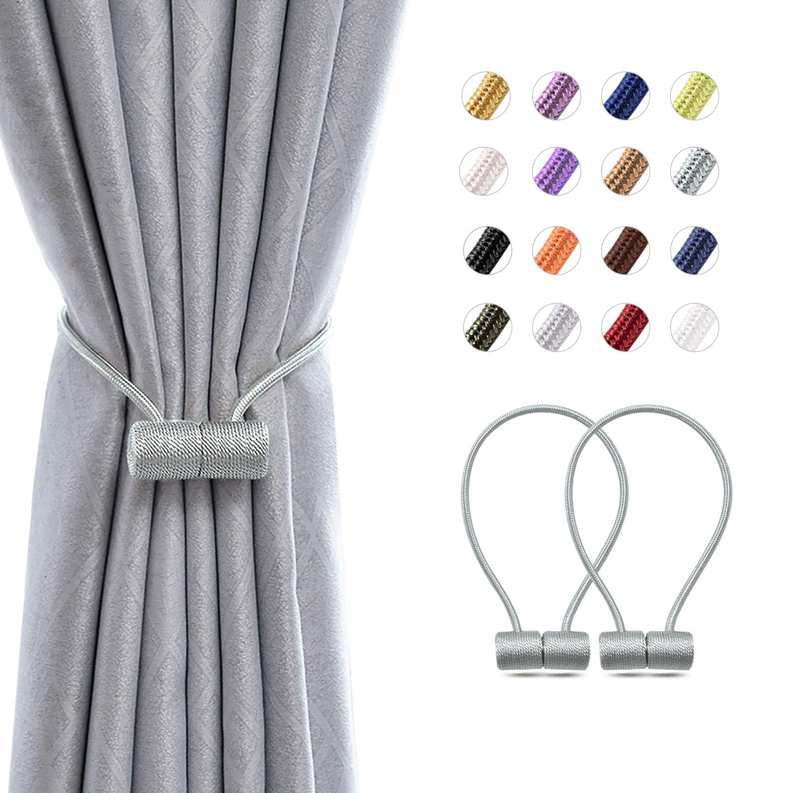 Pretty Jolly 2 Pack Magnetic Curtain Tiebacks 16 Inch Modern Handmade Weave Rope Curtain Holdbacks Convenient Decorative Curtain Drape Tie Backs for Home and Office Window Drapery (Blue-grey)