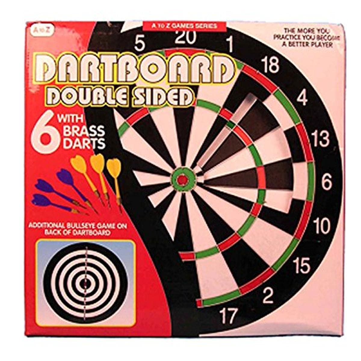 A to Z Double Sided Dartboard with 6 Brass Darts Set - Multi-Colour, 17 Inch/43 cm