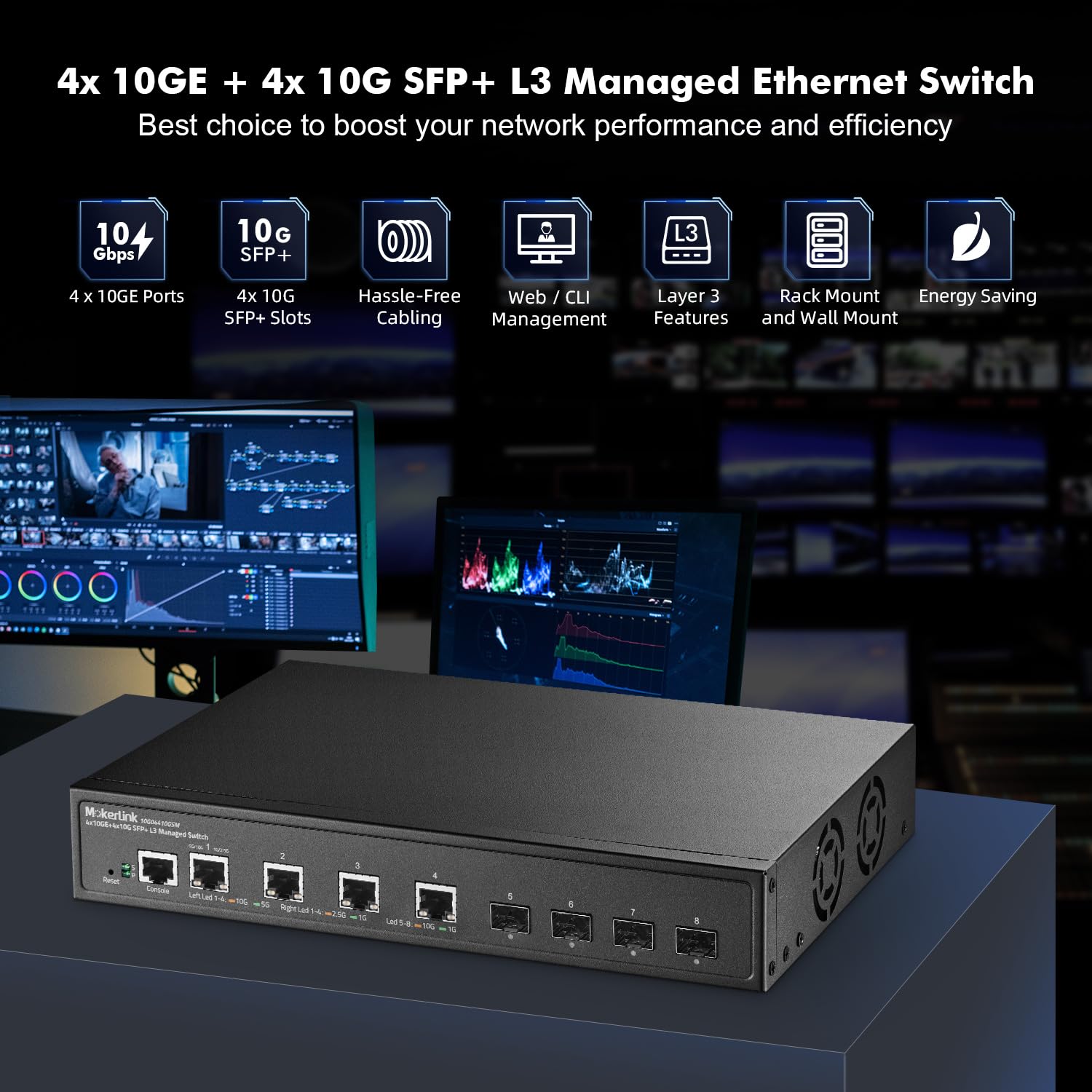 MokerLink 8-Port-10G-verwalteter Switch, 4x10G-Ethernet-RJ45-Ports, 4x10G-SFP+-Steckplatz, L3-Web/CLI-verwaltet, Netzwerk-Switch aus Metall für Desktop- oder Wandmontage 2