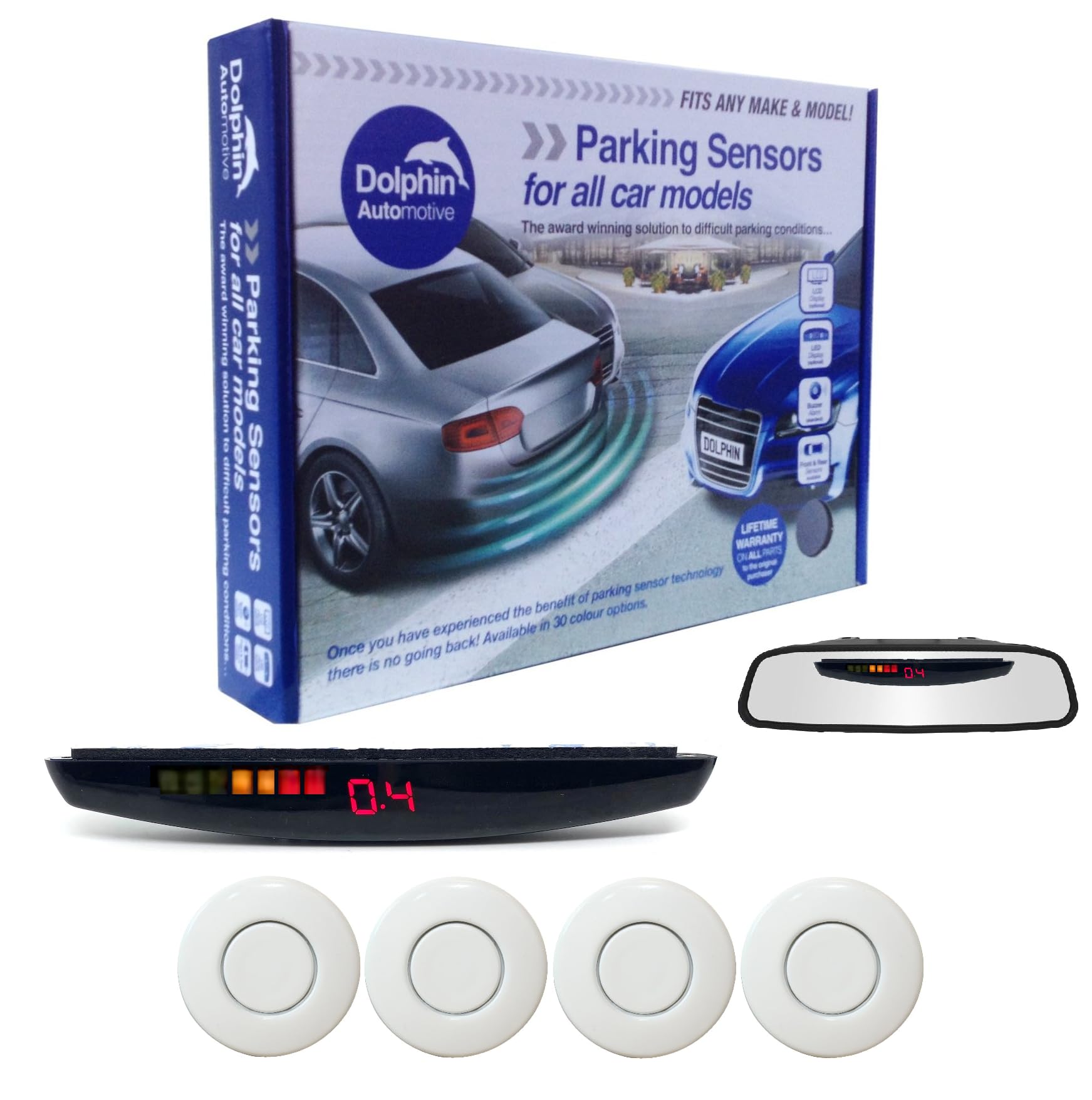 Dolphin DPS455 Reverse Parking Sensors In 32 Colours 4 Ultrasonic Radar Sensors Kit Audio & Rear Roof Mounted Display Alert System Matt & Gloss Black +30 More Colours (White)