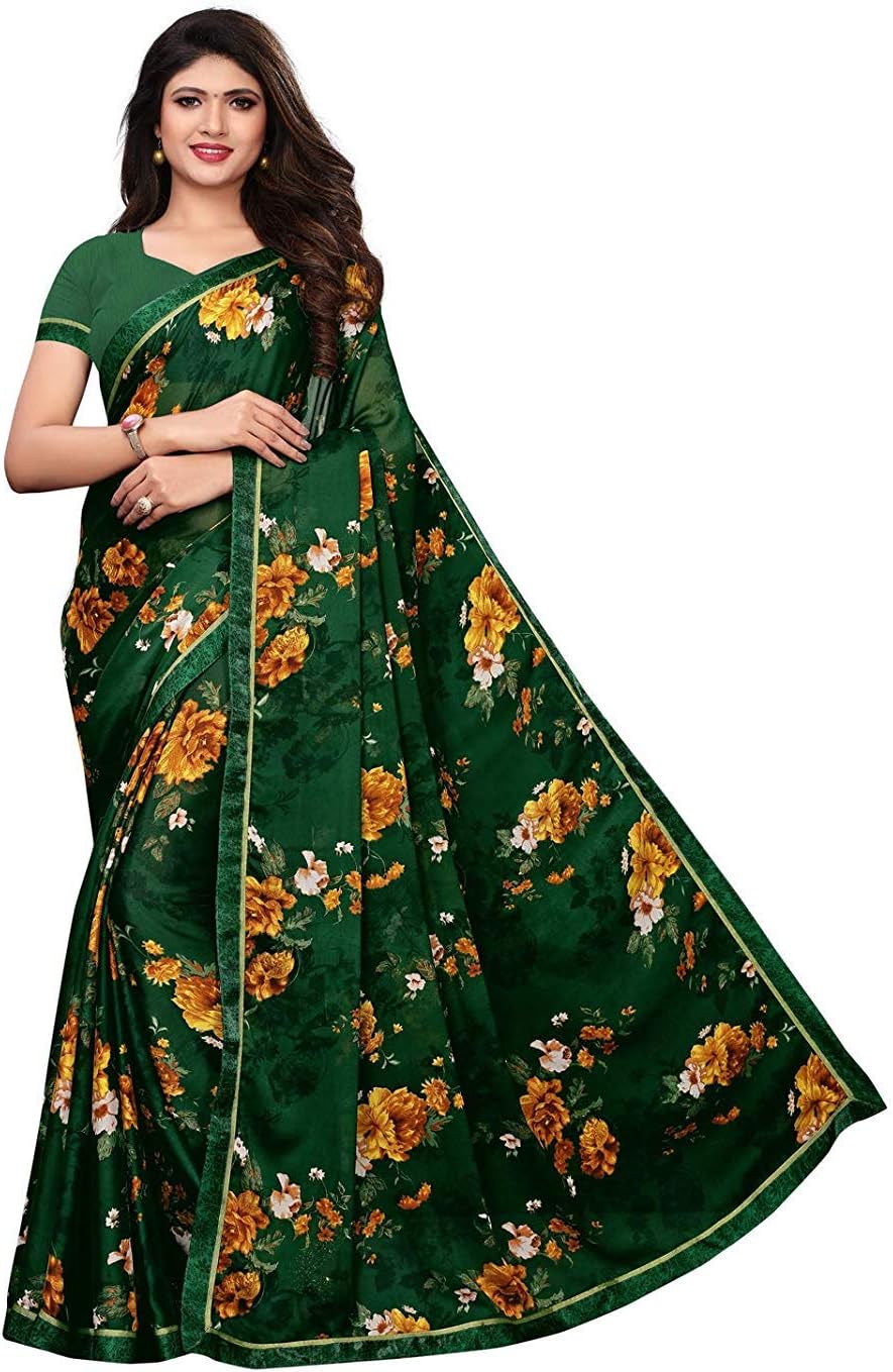 RAJESHWAR FASHION WITH RFWomen's Stylish Fancy Silk Printed Sarees For Women With Printed Lace Border & Blouse Piece (Multicolored)