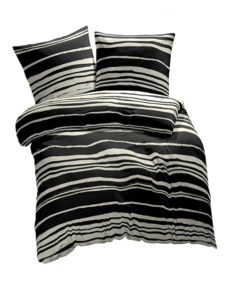 etérea 3 TLG. Mikrofaser Bettwäsche Carola Streifen - 100% Polyester Bettbezug, Schwarz Weiß, 200x200 cm + 2X 80x80 cm