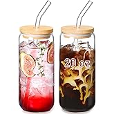VITEVER 20 OZ Glass Cups with Bamboo Lids and Glass Straw - Beer Shaped Drinking Glasses Set, Iced Coffee Glasses, Cute Tumbler Cup, Aesthetic Coffee Bar Accessories, Gift - 2 Pack